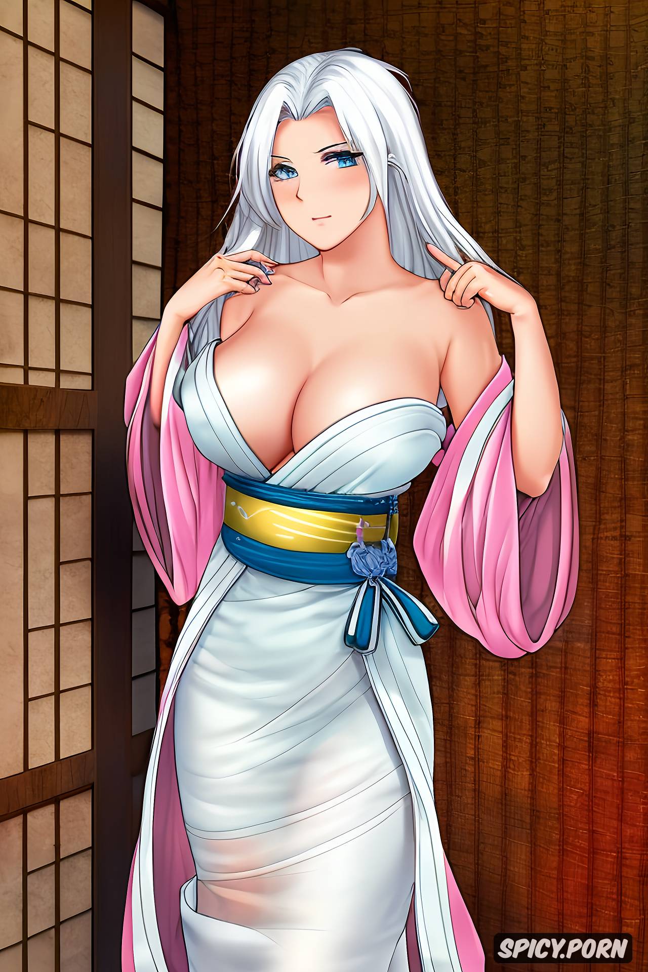 Image Of Long Hair White Hair Nacked Perfect Tits Kimono Blushing