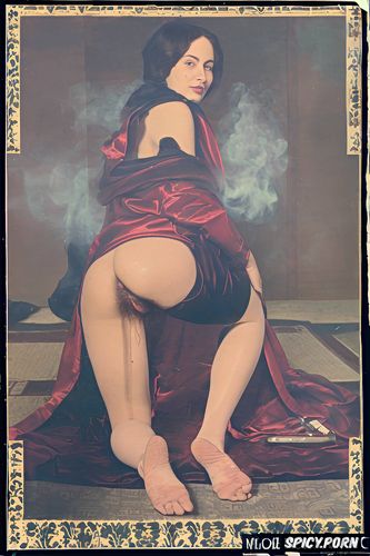 steam, unveiling her ass, sfumato, flat painting japanese woodblock print