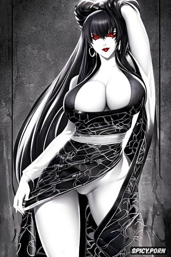 pale soft skin, black voidless eyes, and massive big juicy breasts with perky hard nipples that are peaking through the kimono kuro wears black a pitch black kimono that slightly covers her oiled curvy divine body her shoes are long
