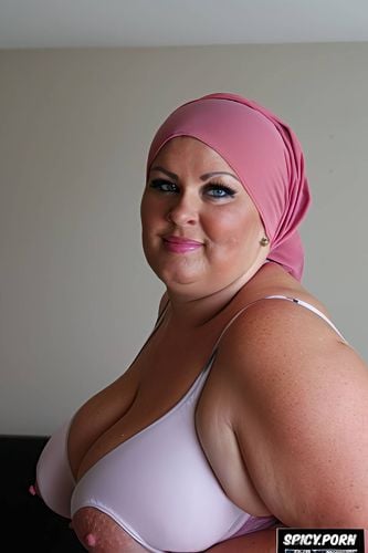 round chin, ssbbw, hard angled eyebrow, pink hijab, white big breast