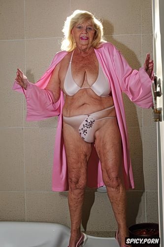 seventy five of age, exhibitionist granny, in bathroom in pink open toed mules and silk robe with bikini underneath