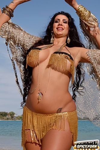 color photo, front view, gorgeous bellydancer, huge hanging hooters