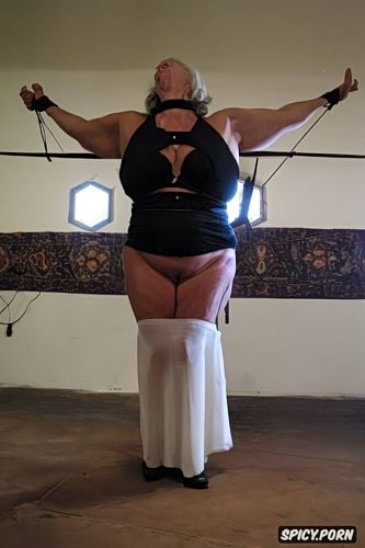 detailed face, bdsm, bound, obese, pierced nipples, open mouth