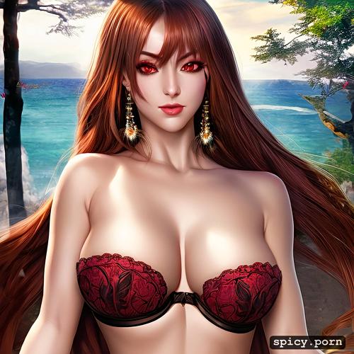 red eyes, cleavage, first rate breasts, cafe, first rate female bodies