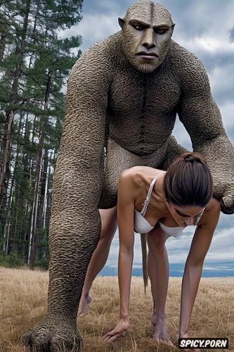 male sasquatch positioned to enter woman from behind, facial seizure from extreme pleasure