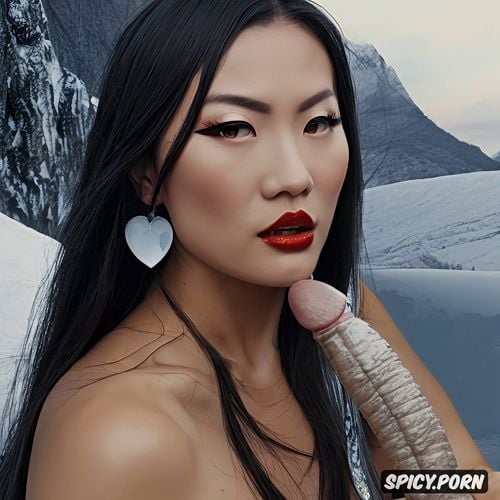 tanned skin, asian lady sucking an ogres long thick huge dick