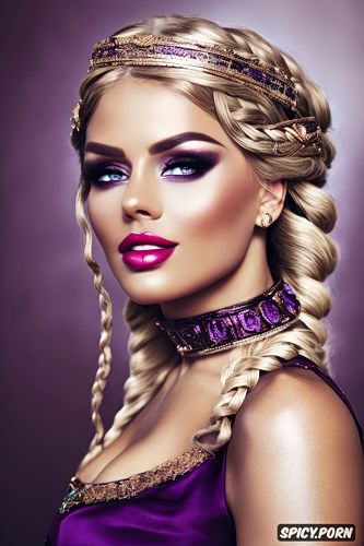 fantasy roman empress beautiful face full lips rosey skin long soft ashen blonde hair in a braid rich dark purple robes rich dark purple make up diadem curvy