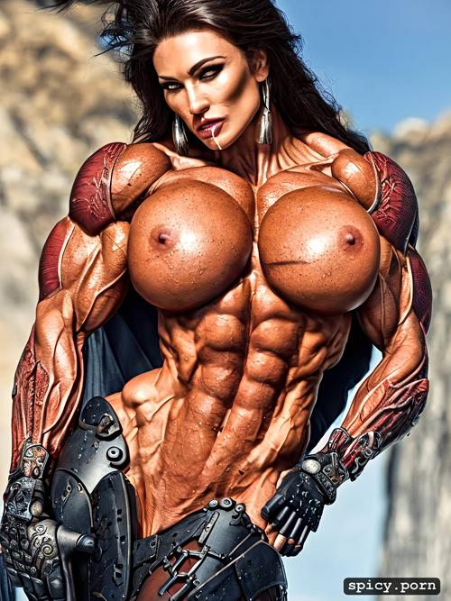 freckles, 8k, female strenght, small armor, nude muscle woman