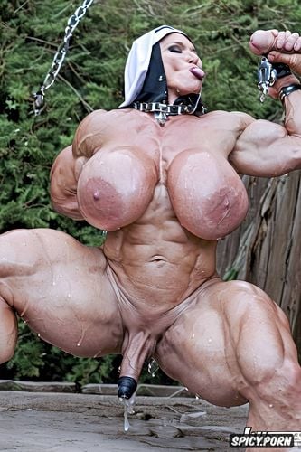 bodybuilder, wet, orgasm, mature, chains, massive boobs, facemask