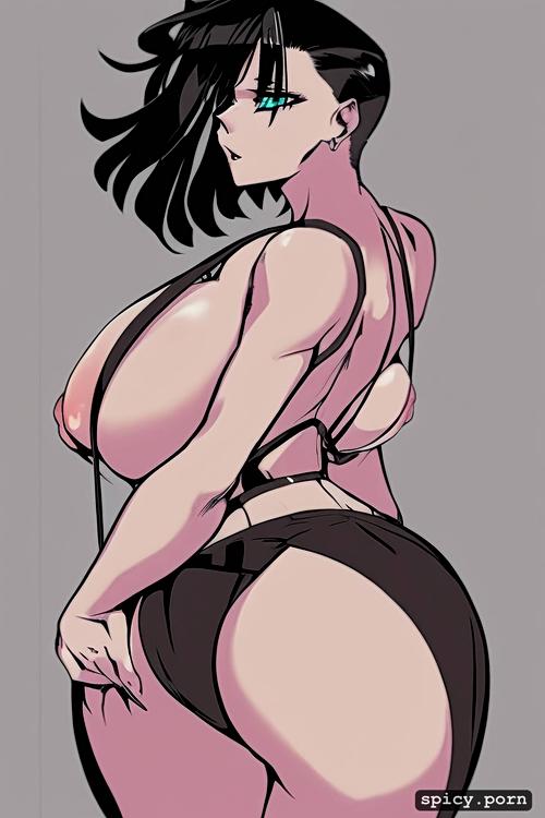 white woman, big ass, short black hair, huge boobs, large areolas
