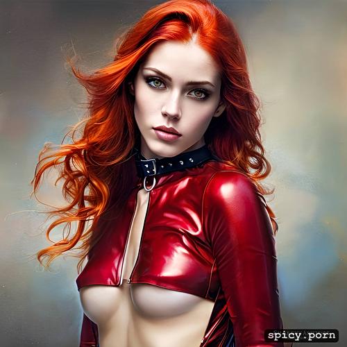 perfect beauty 18 yo, one piece red leather suit, long wavy red orange hair