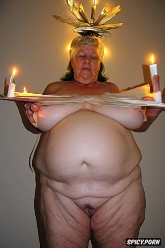 open pussy, with jesus in her arms, chubby, short legs, 80 years old