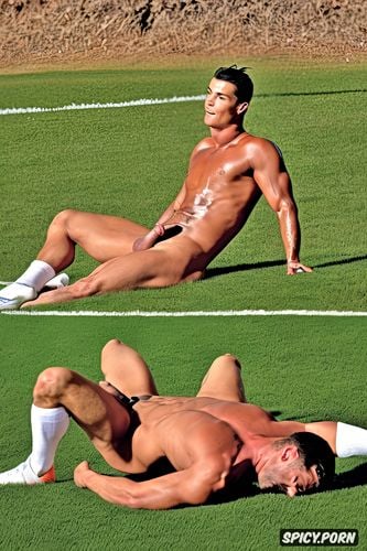 cristiano ronaldo, while they are both sweaty, showing his 80 s dick nude he is naked and sweating in the middle of the field