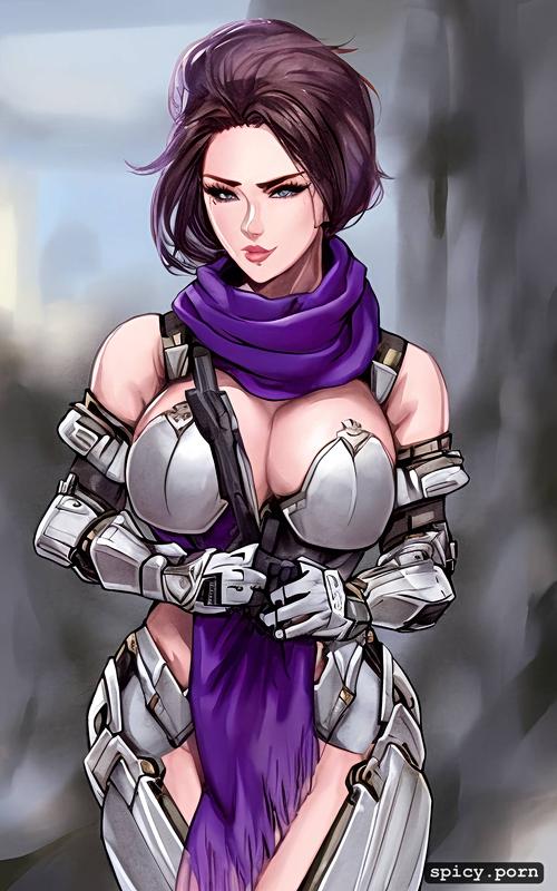 3dt, wearing a purple scarf, techno organic exoskeleton armor