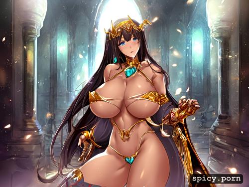 clear brown long hair, highly detailed background, sexy gold bikini armor