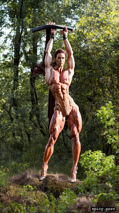 8k, photorealistic, nude muscle woman, massive abs, full body