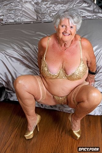 fully nude, ninety nine of age giant natural boobs big fat long boobs standing in open long silk robe in bedroom looking at viewer she is wearing sexy lingerie and gold platform pumps looking at viewer flashing tits