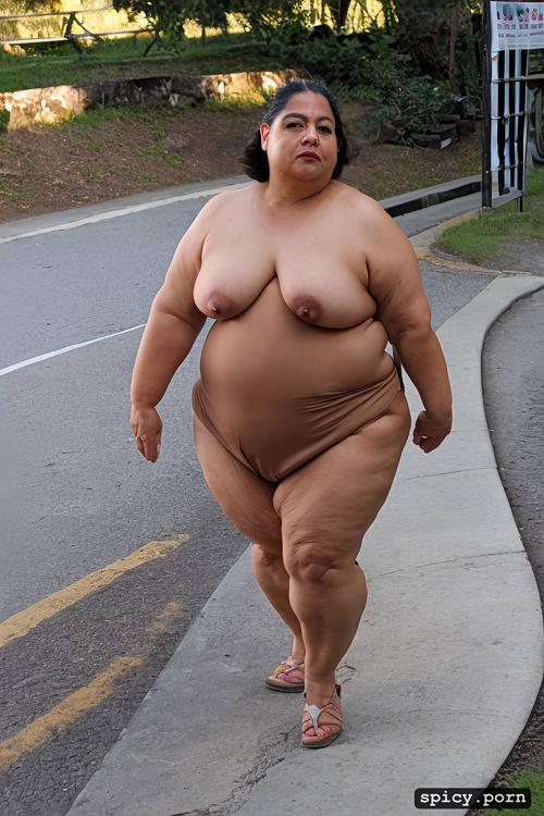 an old fat hispanic naked woman with obese belly, from behind