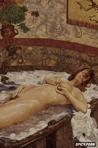 taking a bath, old dusty painting, intimate tender lips, tapestry