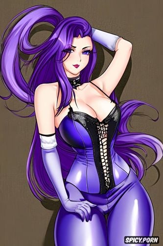cute face, purple hair, looking seductive, latex thigh high boots