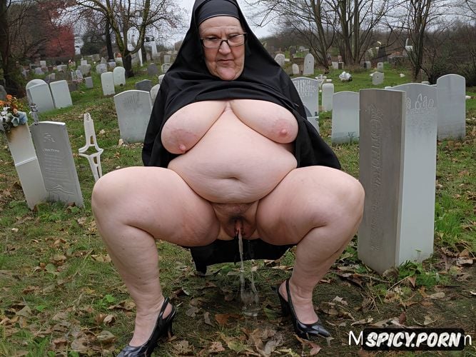 grave with headstone in a cemetery, nun dressed, fat legs, cellulite