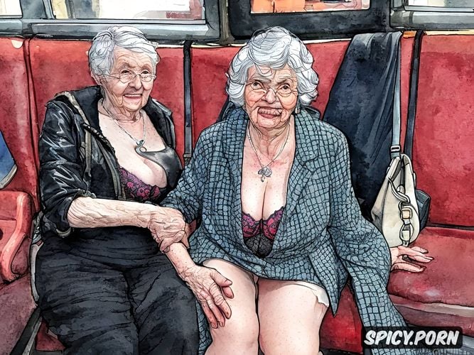 88 year old granny, huge cleavage, pale skin, spreading legs in front of a stranger in a bus