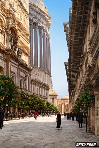 pale skin, big natural breasts, historical roman buildings in the background