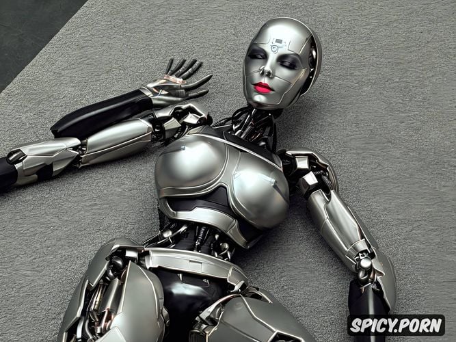 sexy blonde robot with fully metallic body and huge tits, full body view