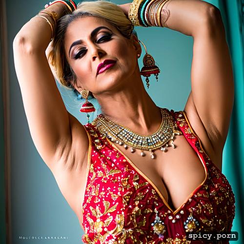 bride, 40 years old, blonde, slightly hairy armpits, indian bridal attire