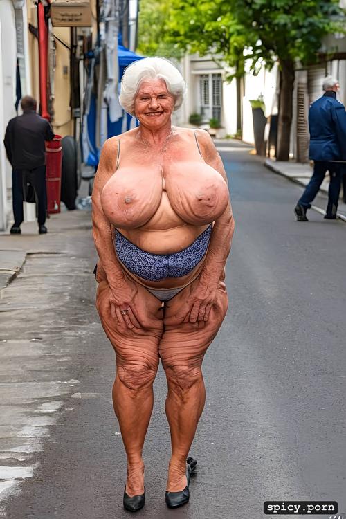 75 years old, massive shaggy breasts, muscular, in the street
