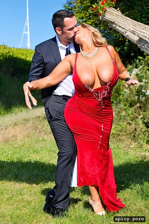 dancing tango one leg raised high, ultrarealistic ultra detailed vivid colors voluptuous and lascivious drunk whore wife 50 years old red dress raised exposed tits
