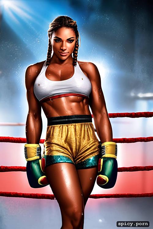 female boxer, topless, glittery shorts, boxing ring, boxing gloves