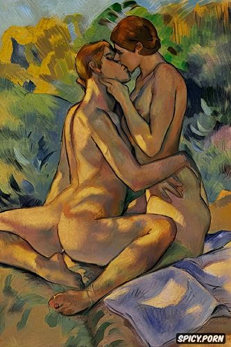 gauguin, tender outdoor nude kiss impressionist, sunlight, painterly