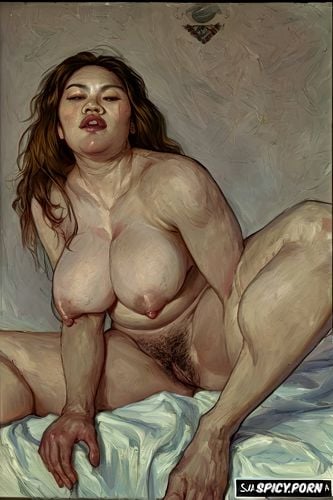 fatty skin folds, belly, steam, squishing boobs, erection penis