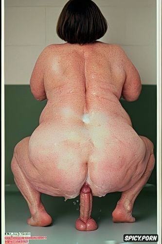 rear view, squatting, white granny, pastel colors, naked, hyperrealistic pregnant pissing muscular thighs red bobcut haircut tanned