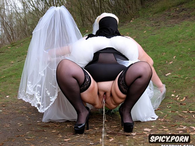 wedding veil, squatting, white stockings, urinating, lace, pissing