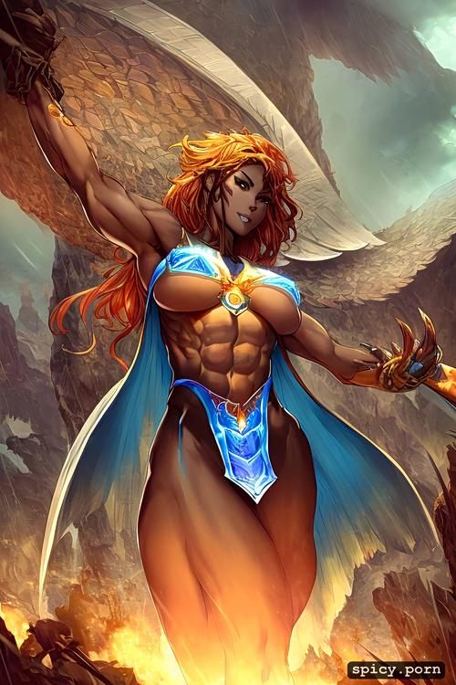 fantasy land, body builder, black woman, pov, fantasy armor