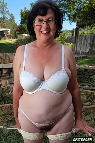 wearing 1980 style, hairy pussy, gray pussy, glasses, short hair