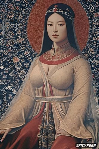 old asian grandmother, carpet art, red transparent veil, portrait