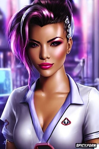 sombra overwatch female nurse black nurse scrubs white undershirt scrub top opened beautiful face young