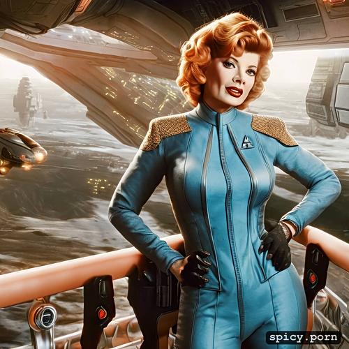 realistic, wearing sci fi uniform, 8k, lucille ball on the bridge of the starship enterprise
