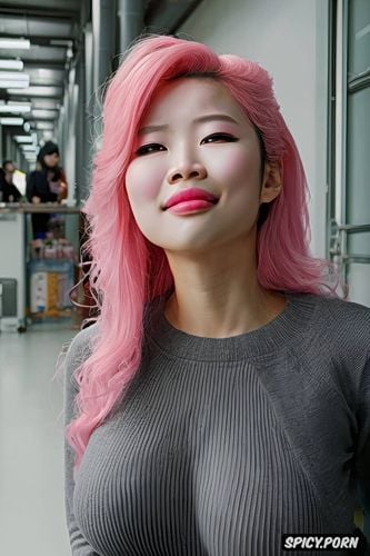 medium shot, pink hair, factory, college teacher, gorgeous face