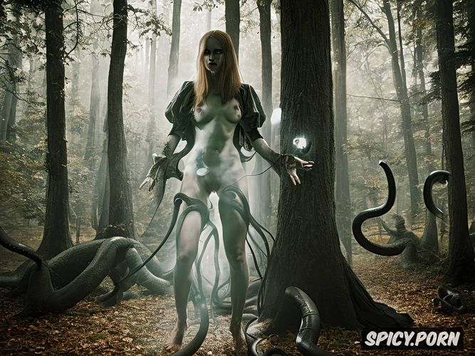 women held down, coven in the dark forest, non physical, tentacle