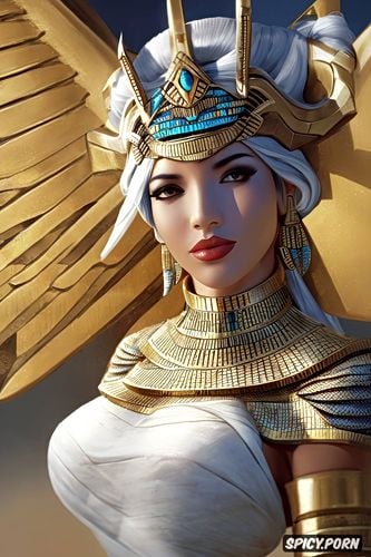 ultra detailed, ultra realistic, mercy overwatch female pharaoh ancient egypt pharoah crown beautiful face topless