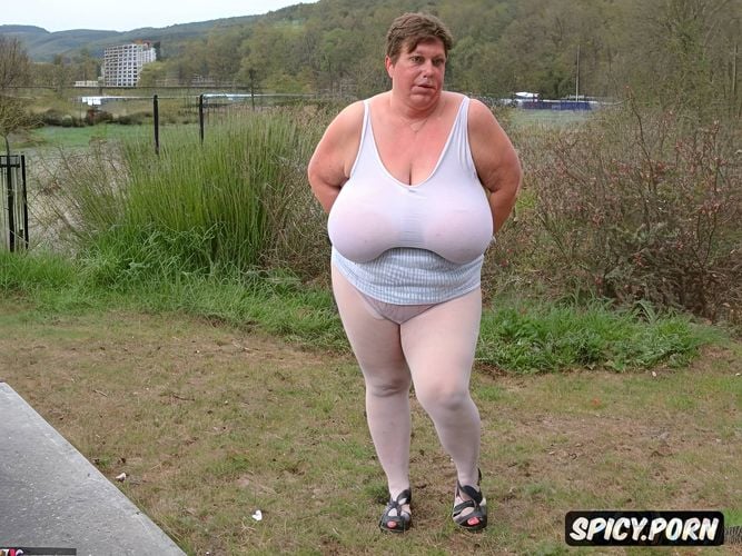 showing big cunt, worn down concrete city area, with completely huge floppy milky tits with large aerolas