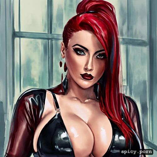 long fluffy hair, red and black corset, realistic, tall, medium shot
