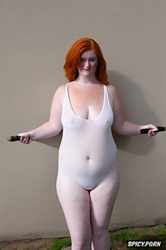 redhead, pretty face, chubby, pale flat chest, standing, symmetric face