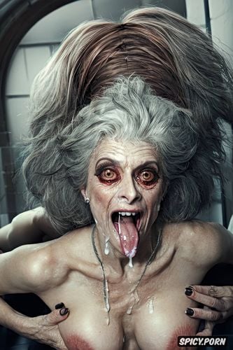 crazy old hooker, ahegao, wrinkled saggy boobs, wild hair half gray