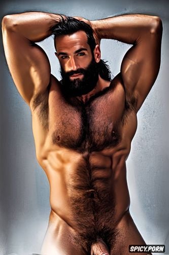 hairy body, hairy chest, huge penis, arms up, big erect penis