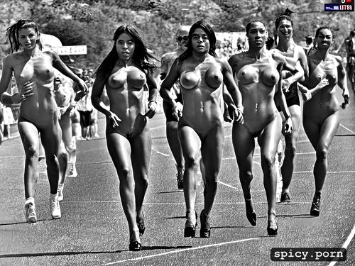 nude women olympic runners, finish line, beautiful women with perfect faces